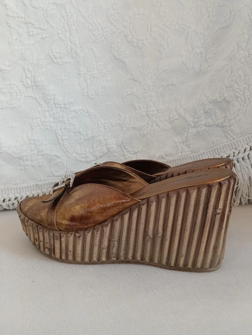 Dezario Bronze Metallic Wedge Slides Rhinestone Buckle Bamboo Gold Platform Heel